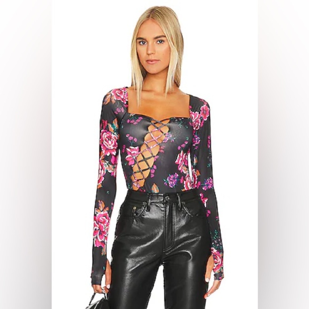 AFRM Black Floral Lace-Up Long Sleeve Bodysuit